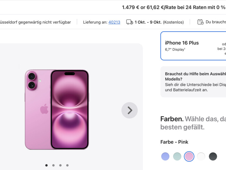 Bestellung für ein iPhone 16 Plus in Pink