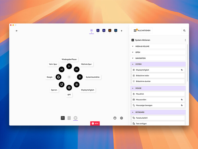 Der „Actions Ring“ ergänzt die Funktionen der MX Console. 