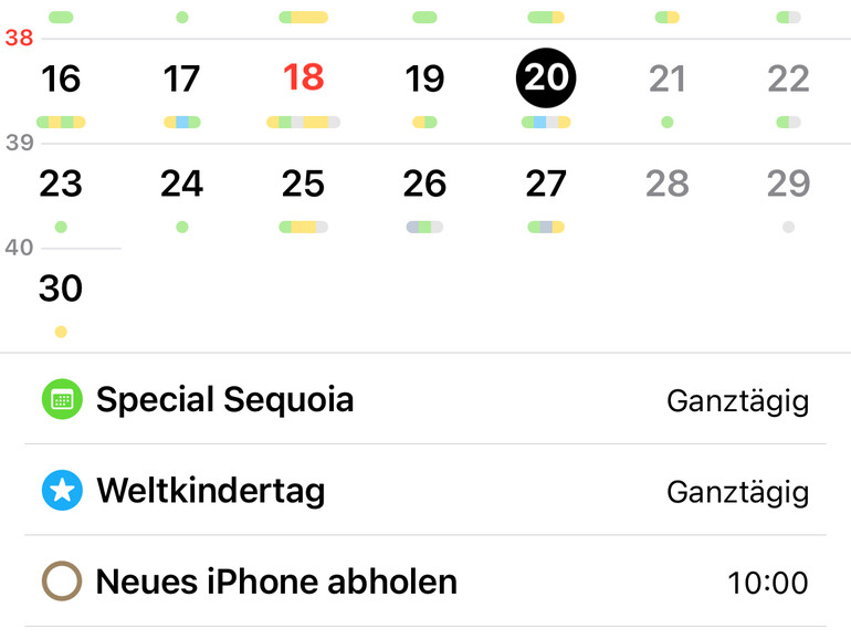 Der Kalender zeigt nun auch geplante Erinnerungen an und markiert Termine in der Monatsansicht.