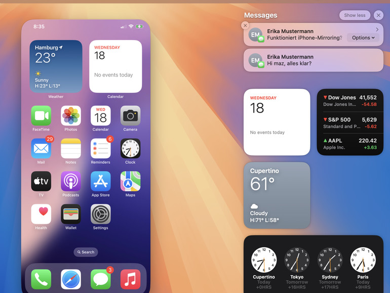 Ein faszinierender Anblick: Bildschirm und Mitteilungen von iPhone auf dem Mac (im Bild ist die US-Version zu sehen).