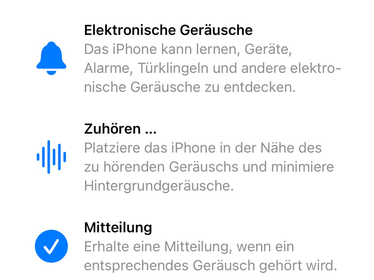 Das iPhone, das iPad, der HomePod und die Apple Vision Pro können Geräusche in deiner Umgebung erkennen und bei Warnsignalen wie einem Rauchmelder oder bei der Türklingel Hinweise senden.