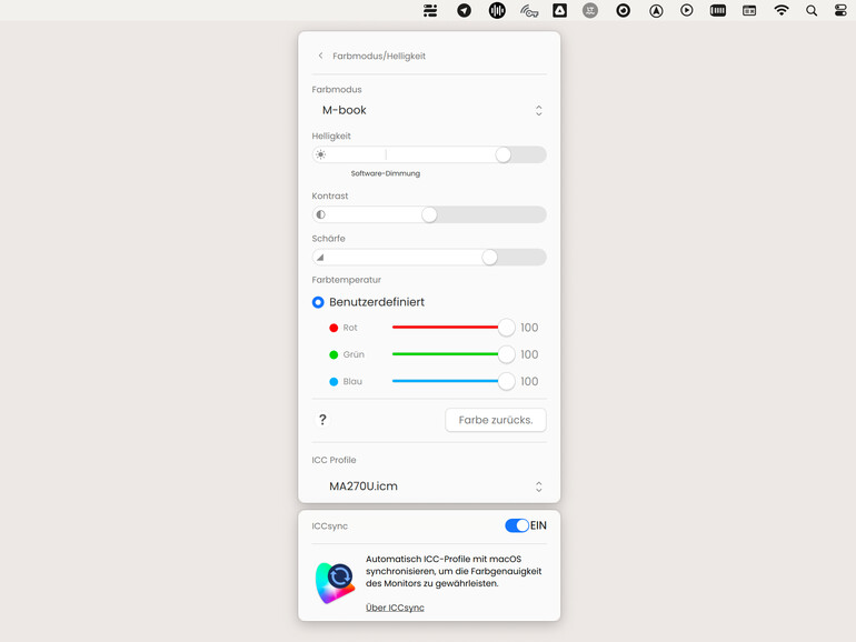 In der Menüleiste wartet der „Display Pilot 2“ auf seinen Einsatz. Die App erlaubt nicht nur die Auswahl des die Farbe synchronisierenden M-Book-Modus, sondern erlaubt auch die zum Teil minutiöse Einstellung des Benq-Monitors.