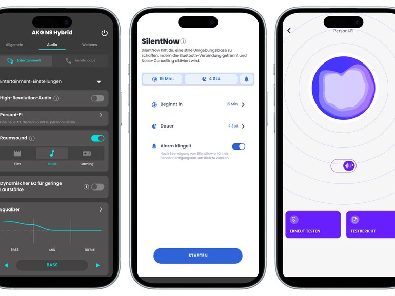 Die iPhone-App lässt zahlreiche Audioeinstellungen zu (links). Ein Fokus-Modus entkoppelt den Kopfhörer vom Smartphone und aktiviert die Geräuschunterdrückung (Mitte). Eine Klangpersonalisierung passt die Ausgabe an das eigene Hörvermögen an.