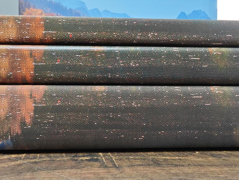 Rahmendicke: Die unterschiedlich dicken Keilrahmen sind aus der Seitenansicht deutlich zu erkennen. Unten die Leinwand von Fotobook mit 4 cm, darüber Myposter mit 2,5 cm und oben Cewe mit dem Standardwert von 2 cm.