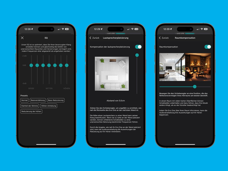 Zur Klangoptimierung stehen Schieberegler zur Platzierung und zur Raumkompensation zur Verfügung, den Klang kannst du mit einem 7-Band-Equalizer deinen Wünschen anpassen.