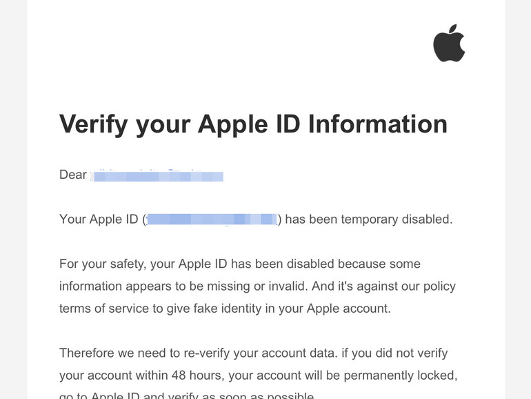 Phishing-Mails versuchen, sich als Nachrichten von Apple auszugeben.