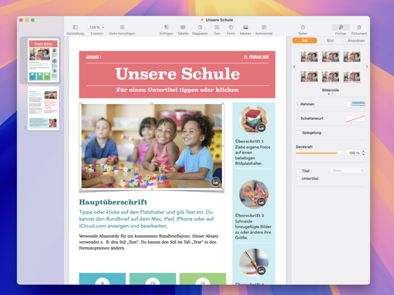 Mit Pages gestalten Sie ansprechende Flyer und Newsletter.