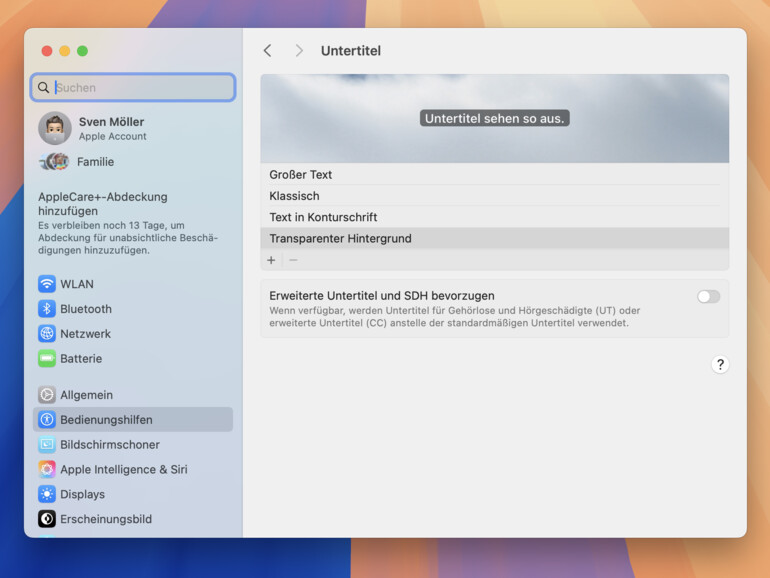 Wählen Sie „Bedienungshilfen &gt; Anzeige &gt; Untertitel“ und klicken Sie auf „+“, um das Erscheinungsbild der Untertitel auf Ihrem Mac individuell anzupassen.