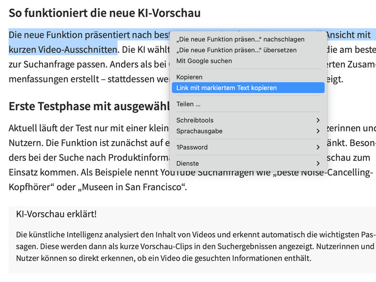 Im Kontextmenü findet sich die Funktion