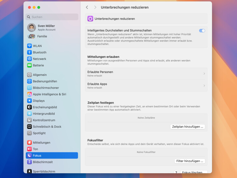 Apple Intelligence ermöglicht auch die neue Fokus-Funktion „Unterbrechungen reduzieren“ in macOS Sequoia.