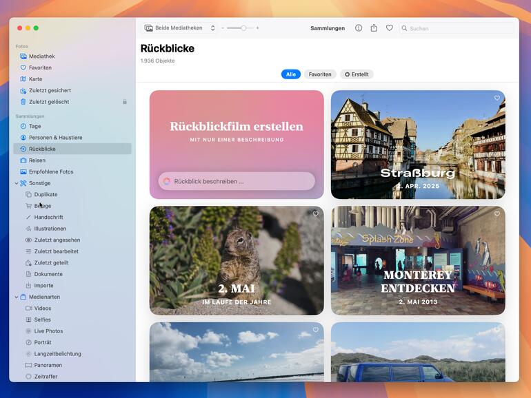 Die neu gestaltete Fotos-App organisiert Ihre Mediathek in Sammlungen, wie hier die Sammlung „Rückblicke“.