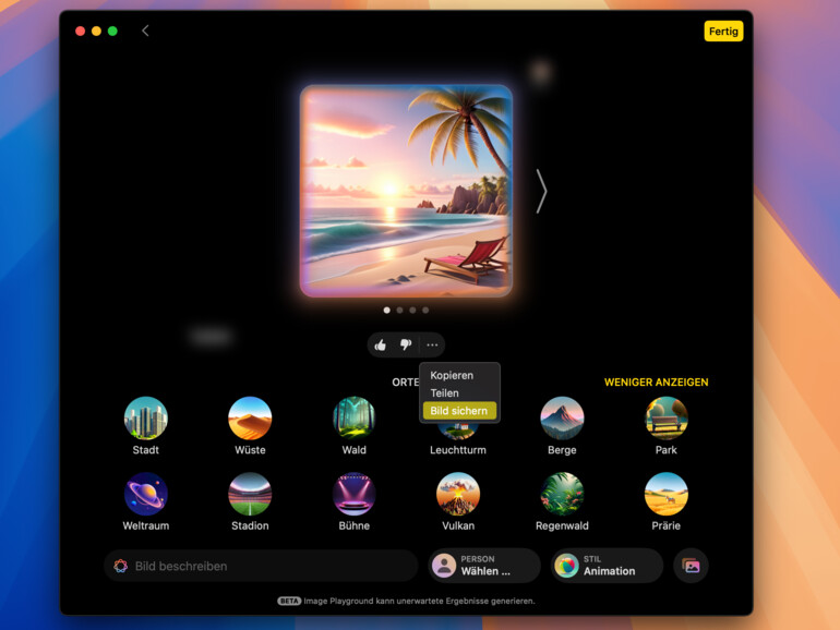 Erstellen Sie ein Bild mithilfe von Beschreibungen und vorgefertigten Elementen – und speichern Sie es, um es später in anderen Apps zu verwenden.