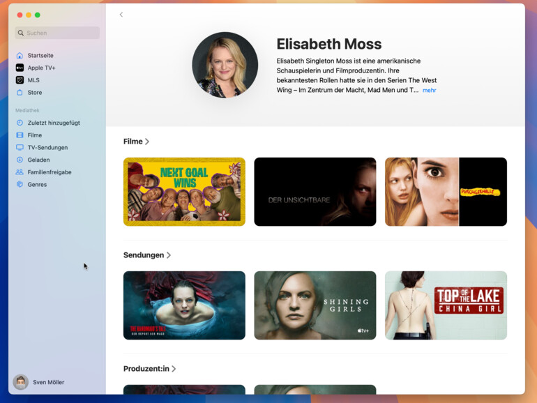 Wenn Ihnen die Leistung eines Schauspielers oder einer Schauspielerin gefällt, klicken Sie in Apple TV auf das Bild der Person, um weitere Produktionen mit ihr zu entdecken.