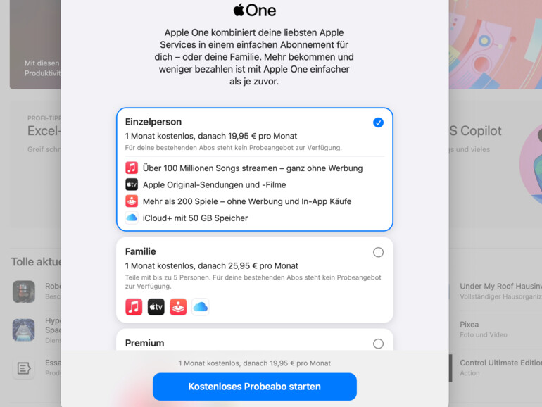 Sie können das Angebot von Apple One einen Monat kostenlos ausprobieren.