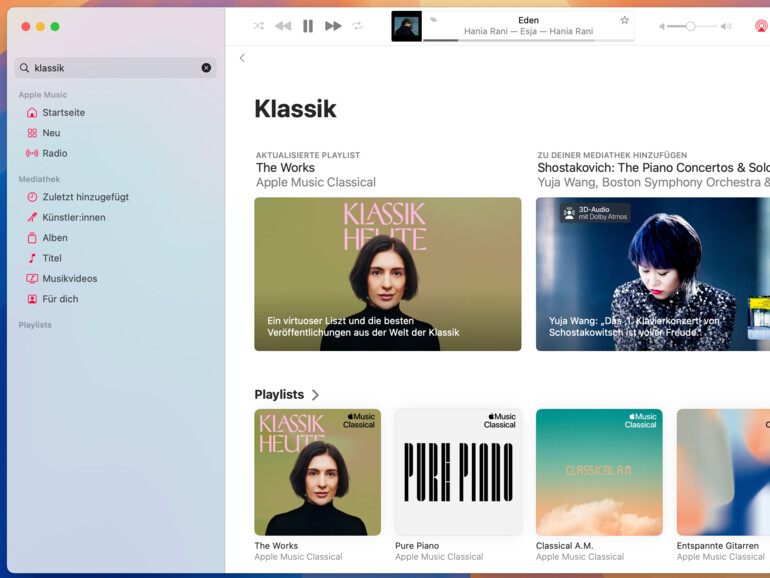 Um klassische Musik in Apple Music zu finden geben Sie „Klassik“ ins Suchfeld ein.