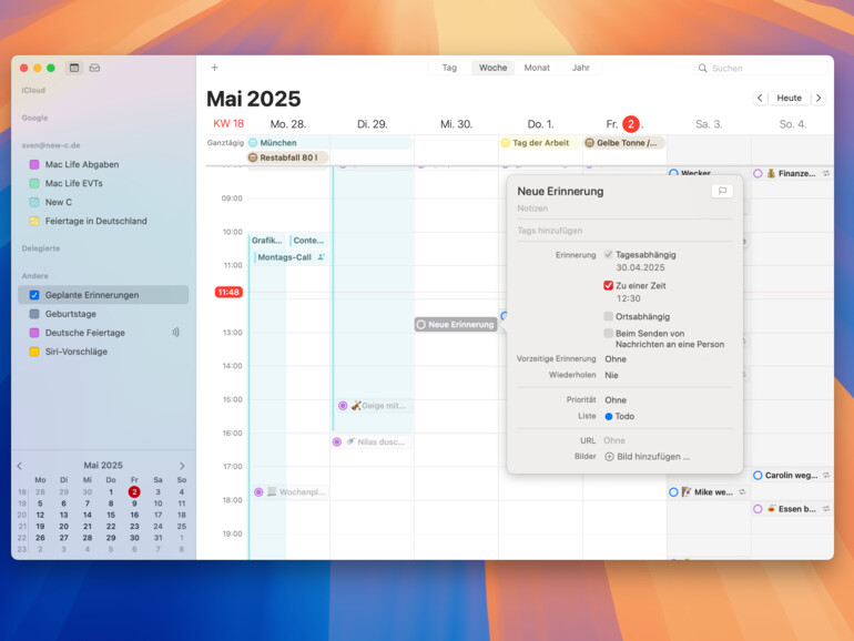 Die Erinnerungen- und Kalender-Apps sind jetzt miteinander verknüpft – geplante Erinnerungen erscheinen automatisch in Ihrem Kalender.