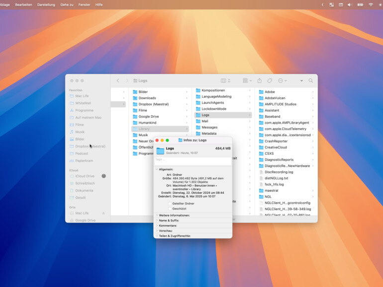 Löschen Sie alte und unerwünschte Protokolle, die Apps im Ordner „Logs“ innerhalb der Library Ihres Benutzerordners hinterlassen haben.