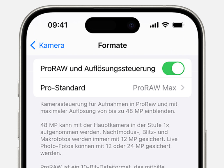 In den Einstellungen kannst du festlegen, dass dein iPhone immer in ProRAW knipst