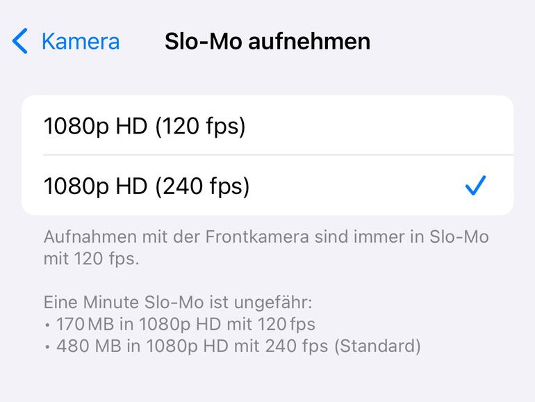 In den Einstellungen kannst du u.a. festlegen, wie stark das Zeitlupenvideo verlangsamt werden soll. Screenshot stammt von einem iPhone 14 Pro mit iOS 18.5