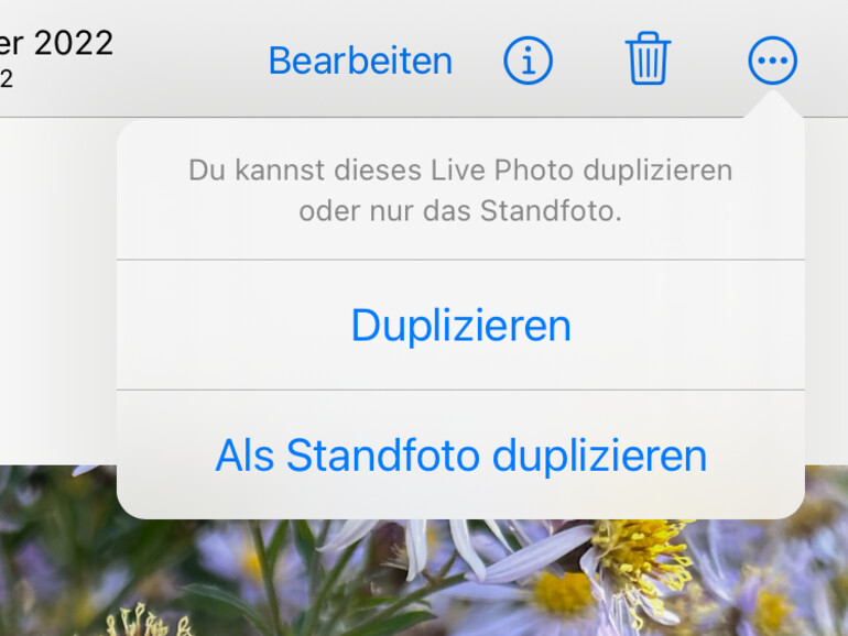 Mit "Als Standfoto duplizieren" erstellst du ein gewöhnliches Foto aus einem Live-Foto.