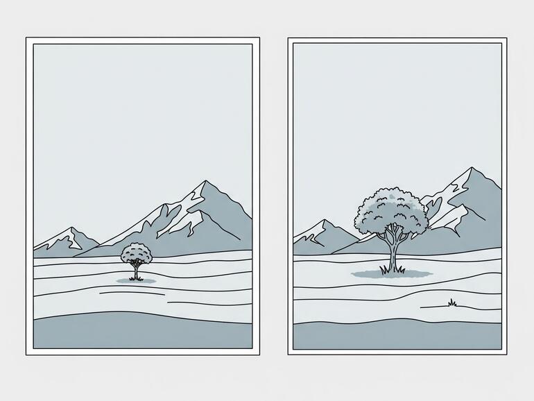 Die symbolische Illustration übertreibt den Effekt etwas: Ein Weitwinkel (li.) fängt mehr von der Szenerie ein, während das Tele das Hauptmotiv stärker heranholt und den scheinbaren Abstand zwischen Vorder- und Hintergrund verkürzt.