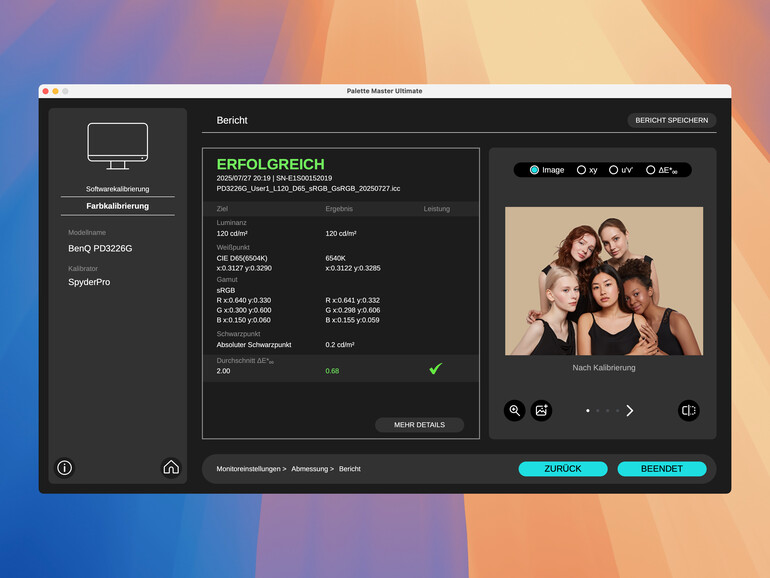 Ist das Display mit einem externen Gerät wie dem Datacolor Spyder Pro kalibriert, erhält man einen ausführlichen Report in der BenQ-Software.