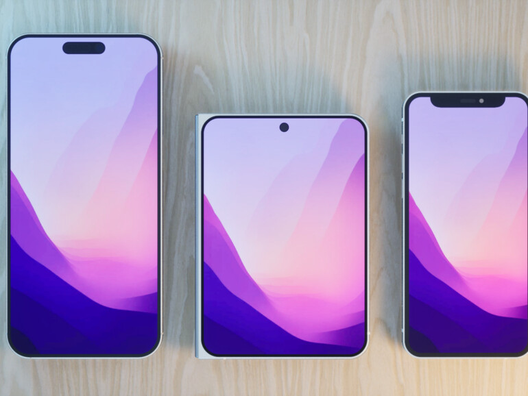 Vergleich das iPhone Fold in der Mitte mit dem iPhone 15 Pro Max links und dem iPhone 12 mini rechts.