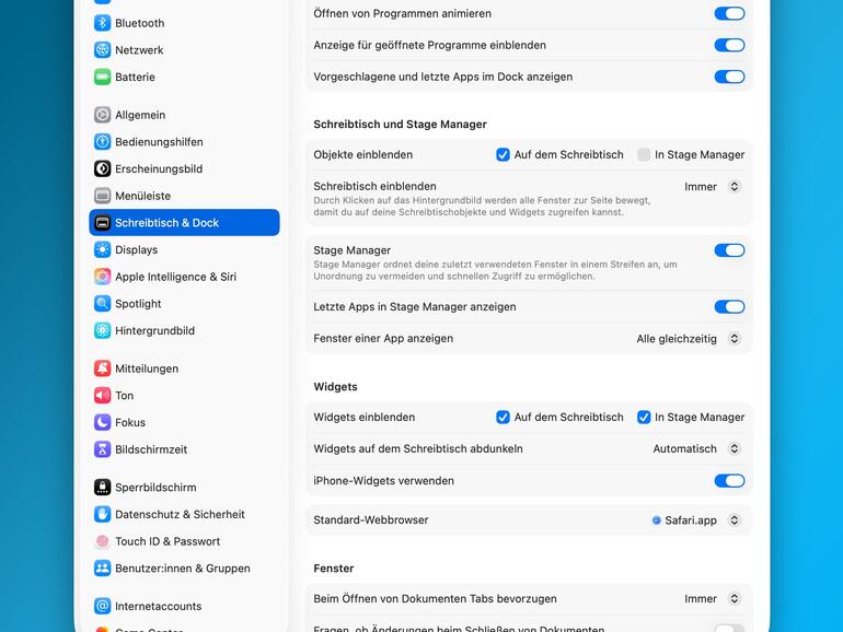 In den Systemeinstellungen finden sich diverse Optionen, um Stage Manager an deinen Geschmack anzupassen.
