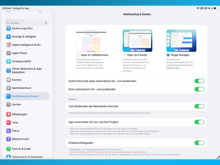 Stage Manager in den Einstellungen mit zwei weiteren Optionen.