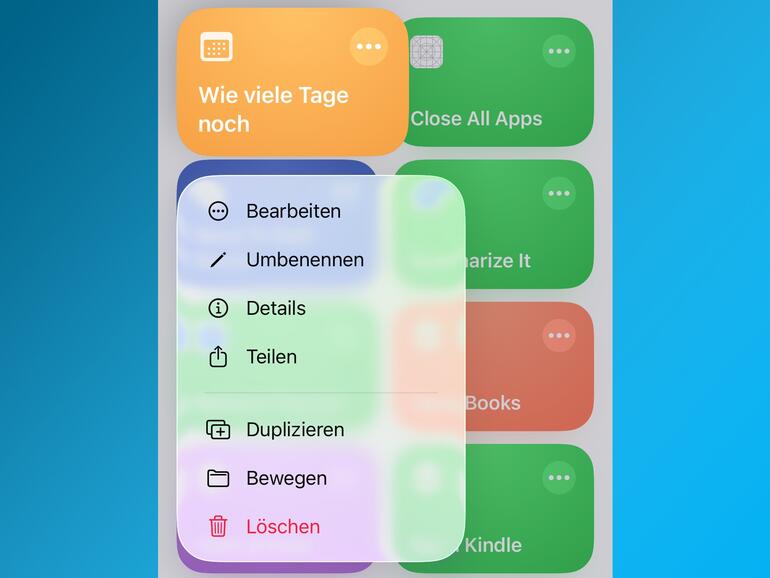 Menü mit Optionen zu einem Kurzbefehl.