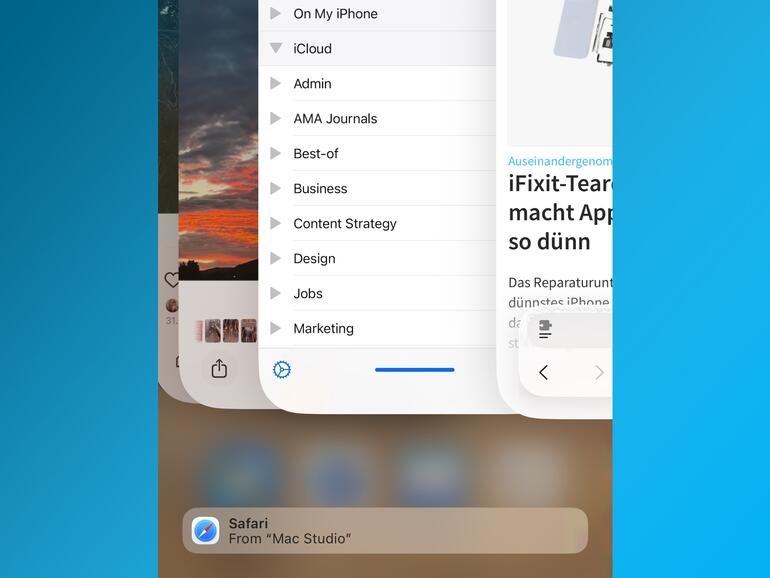 Hinweis auf eine offene Website auf dem Mac im App Switcher des iPhones.