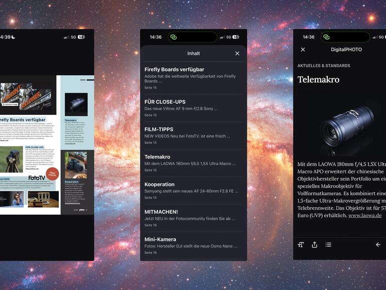 Ideal am Smartphone: Du kannst zwischen der klassischen Magazinseiten-Ansicht, der Inhaltsansicht und dem eleganten Lesemodus wählen.