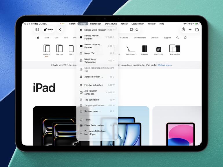 Im Vollbildmodus wischst du von der oberen Bildschirmmitte nach unten, um die Menüleiste der App einzublenden.