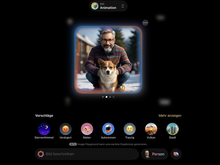 Image Playground kann aus Fotos deiner Personen und Haustiere in der Mediathek unterhaltsame neue Bilder erzeugen.