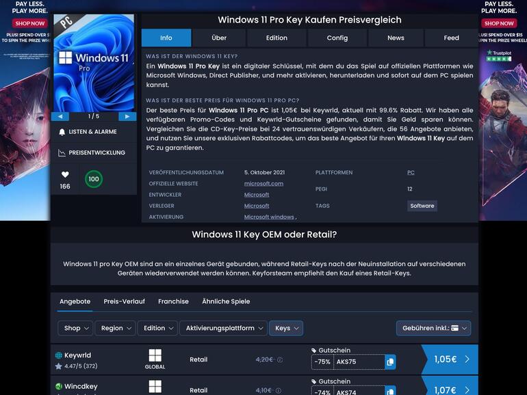 Wer hat noch nicht, wer will nochmal? Während Microsoft für die Home-Version von Windows 11 knapp 145 und für die Pro-Variante 260 Euro aufruft, locken Billigschlüssel-Anbieter mit teils absurd günstigen Preisen.