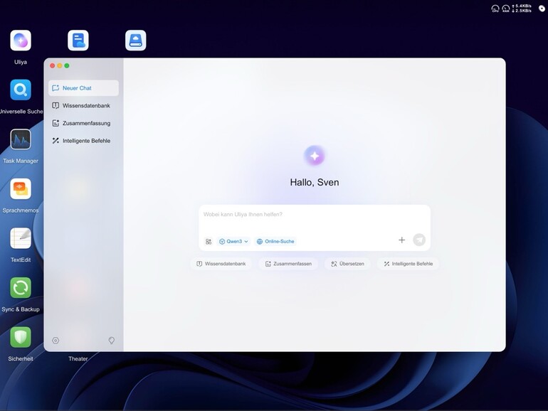 Uliya-Startseite: Zentrale Oberfläche für Chat, Wissensdatenbank, Zusammenfassung und „Intelligente Befehle“.
