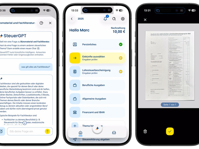 Die iPhone-App ist übersichtlich aufgebaut, Belegscanner und automatische Erkennung der Lohnsteuerbescheinigung ist inklusive.