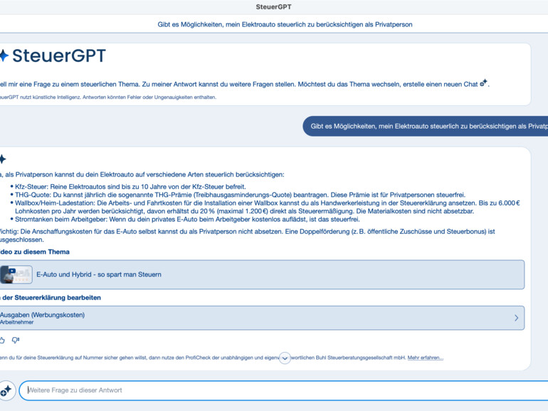 KI in sinnvoll: SteuerGPT hat auf alle Steuerfragen eine fundierte Antwort und bringt Sie direkt in den jeweiligen Bereich der App.