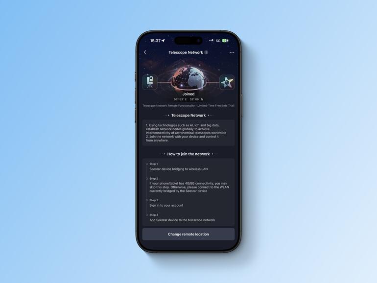 Im sogenannten „Station Mode“ klinkt sich das Teleskop in das heimische WLAN ein, in der Testphase befindet sich zudem ein Modus zum Fernzugriff auf das eigene Teleskop.