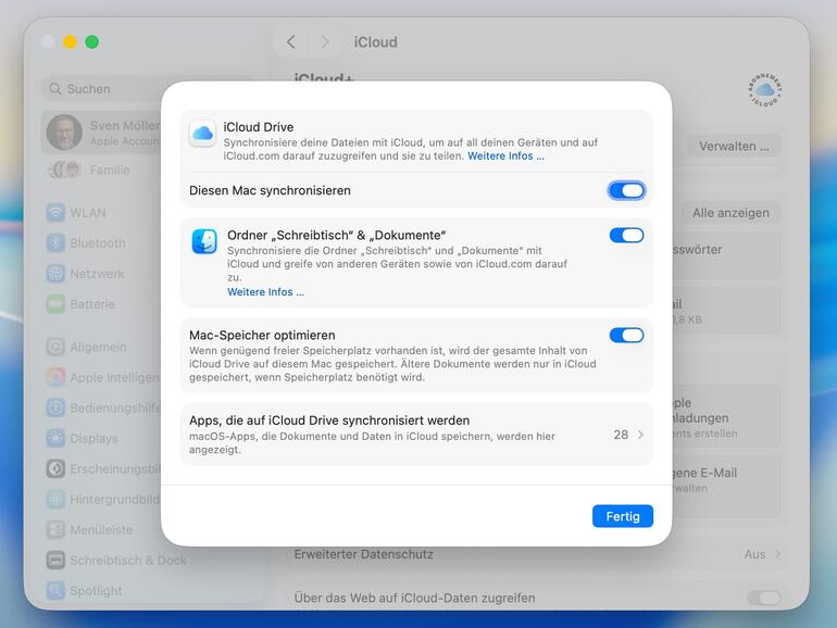 Wenn dir der Speicherplatz ausgeht, nutze „Speicher optimieren“ in iCloud Drive, um Dateien bei Bedarf zu laden.