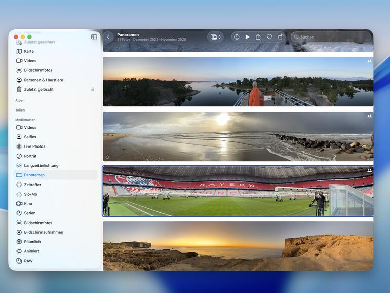 Nutze die Kategorie „Medienarten“ in „Fotos“, um bestimmte Bildtypen wie beispielsweise Panoramen schnell zu finden.