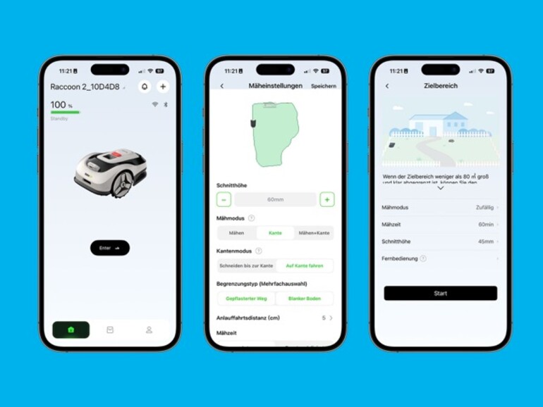 Die Roboup-App zeigt auf einen Blick, was der Mäher kann: Kartierung mit Flächenvorschau, flexible Kantenoptionen und der schnörkellose Zielbereich-Modus für kleine Rasenflächen – alles ohne großen Einrichtungsaufwand.