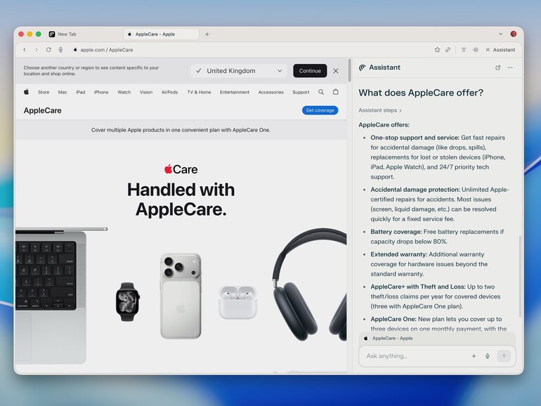 Im Comet-Browser lässt sich über eine ausklappbare Seitenleiste auf einen KI-Assistenten zugreifen.
