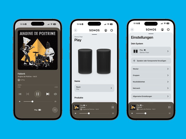 Die Sonos-App zeigt, was sie kann: AirPlay-Wiedergabe (links), das eingerichtete Stereo-Paar (Mitte) und das übersichtliche Einstellungsmenü mit allen Systemoptionen (rechts).