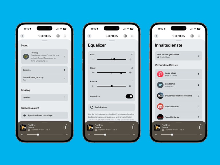 Klangeinstellungen in der Sonos-App: Trueplay optimiert den Sound automatisch (links), der manuelle Equalizer bietet Bass, Höhen und Balance (Mitte) – ein Mittenregler fehlt leider. Rechts: die verbundenen Streaming-Dienste, darunter Apple Music, Bandcamp und diverse Radiosender.