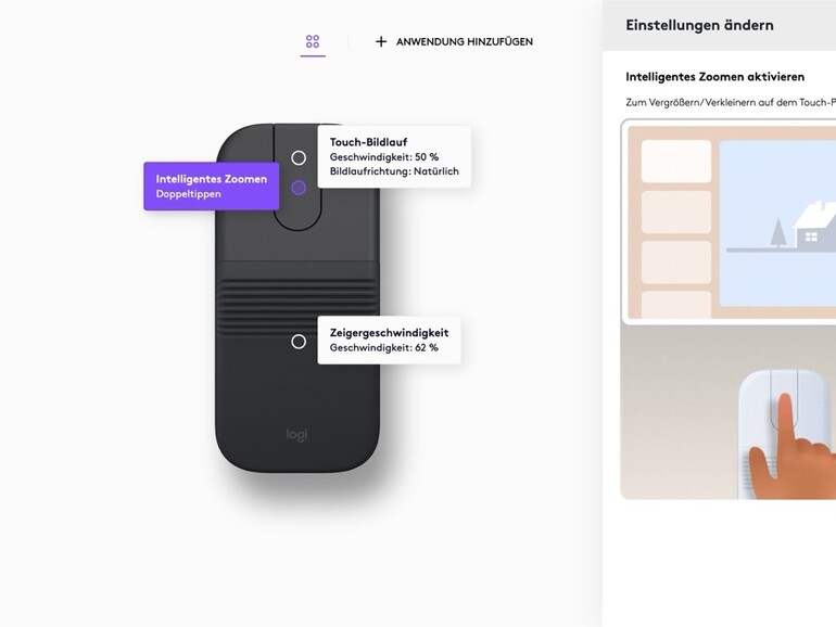 In der Options+-App lassen sich Scrollgeschwindigkeit, Bildlaufrichtung und das „Intelligente Zoomen“ per Doppeltippen konfigurieren – mehr Anpassung, als das schlichte Äußere vermuten lässt.