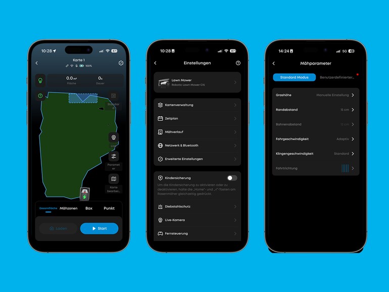 Die Eufy-App bietet Kartenverwaltung, Zeitplanung und Mähparameter – nur die Grashöhe bleibt „Manuelle Einstellung", wie der rechte Screenshot unmissverständlich festhält.