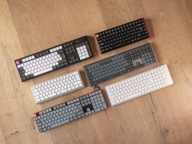 Von links oben nach rechts unten: Hator Skyfall Pro, Keychron K2 HE, Wooting 60HE v2, Logitech MX Mechanical, Keychron K5 Max, Lofree Flow 2.