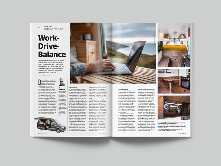 Work-Drive-Balance: Tobias Friedrich berichtet aus dem Selbstversuch, wie das digitale Nomadenleben mit Mac & Camper wirklich funktioniert.
