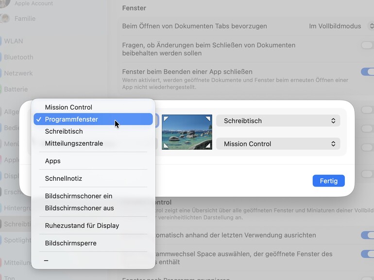 Mit „Aktive Ecken“ können Sie Funktionen auslösen, indem Sie den Mauszeiger in eine der vier Bildschirmecken bewegen.